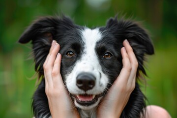 A black and white Border Collie with a happy expression, being held by a person whose hands are gently placed on either side of the dog's face. The background is a simple, unfocused green