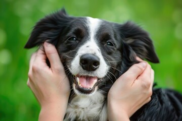 A black and white Border Collie with a happy expression, being held by a person whose hands are gently placed on either side of the dog's face. The background is a simple, unfocused green