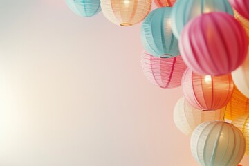 Colorful paper lanterns against a soft pastel backdrop providing a festive and joyful atmosphere, ideal for event promotion or party decorating ideas. - obrazy, fototapety, plakaty