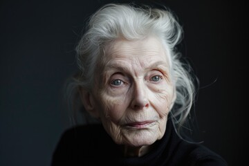 A portrait of an elderly woman with striking white hair, a thoughtful expression, and deep lines marking her face, suggesting wisdom and experience.