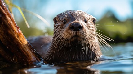 A portrait of playful elegance unfolds as an otter, sleek and furry, engages with the camera in its freshwater habitat. - obrazy, fototapety, plakaty