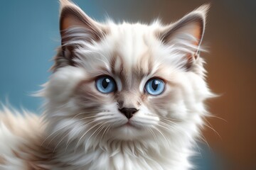Fototapeta na wymiar A beautiful young purebred Ragdoll kitten sits on an blue background.