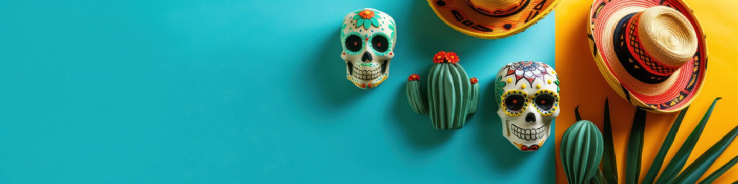 Mexican cultural icons such as cacti, sombreros, and skulls against a vibrant background, an image fitting for Cinco de Mayo celebrations or educational materials.