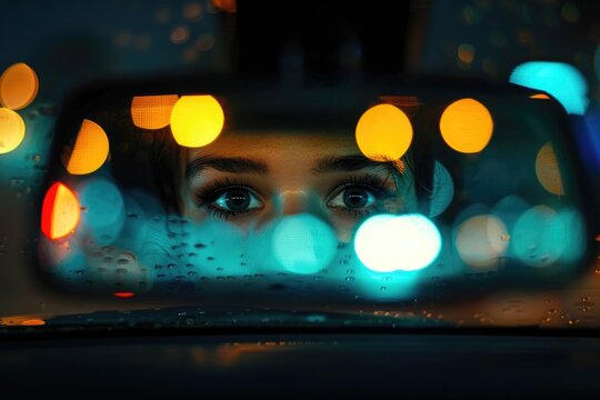 A blurred photo focused on a rearview mirror showing a person's eyes reflecting in it, with a bokeh effect created by the lights in the background, giving a sense of a person driving or sitting in 