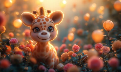 3d cartoon giraffe on a blurred background.