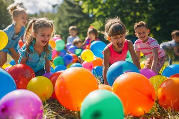 Fototapeta na wymiar Children laughing and playing with vibrant balloons celebrating Children's Day or birthday party