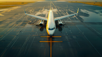Overhead view of a passenger plane parked on wet tarmac A jet airliner or jetliner is an airliner powered by jet engines . Airliners usually have two or four jet engines. copy space , banner - Powered by Adobe