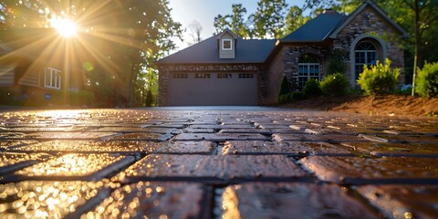 Brick sealant protecting driveway from wear and tear on new home construction. Concept Driveway Protection, New Home Construction, Brick Sealant Application, Wear and Tear Prevention