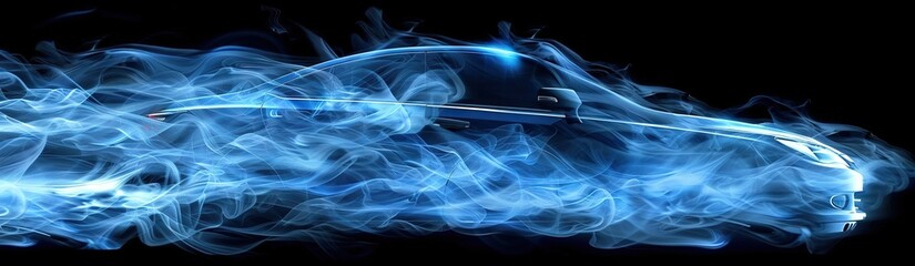 blue glowing car silhouette on black background, high speed photography