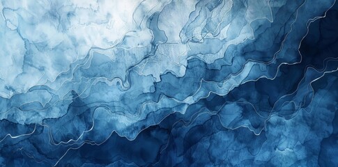 Naklejka premium This abstract painting depicts dynamic blue and white waves crashing and intertwining on a canvas, creating a sense of movement and energy.