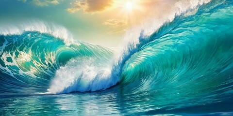 Fototapeta na wymiar Blue ocean wave with sun rays and copy space.