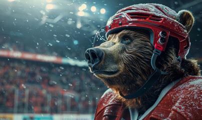 Professional bear ice hockey player portrait - obrazy, fototapety, plakaty
