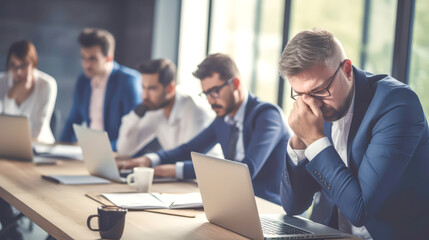A sad and stress bully team works in meeting room office