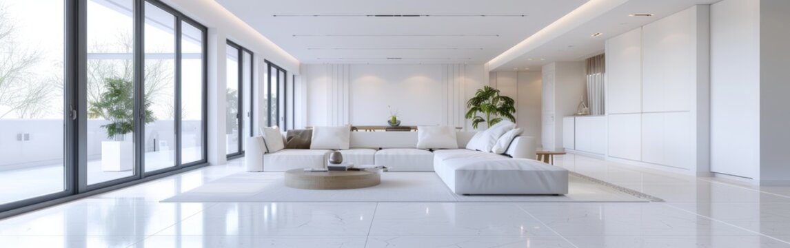 Modern white living room interior with minimalist furniture and decorative elements, high ceiling, wide angle shot