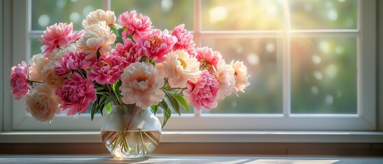 A vase of flowers sits on a sunny window sill generate ai