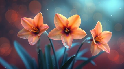 a close up of three orange flowers on a blue and red background with a blurry light in the background.