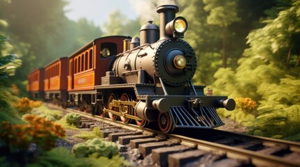 This intricate model railroad toy captures the essence of travel and adventure with a locomotive and cars on detailed rails. - obrazy, fototapety, plakaty