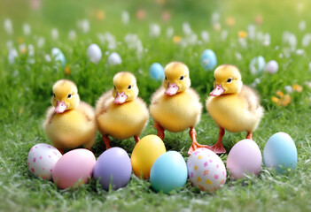 Easter colored eggs and ducklings - obrazy, fototapety, plakaty