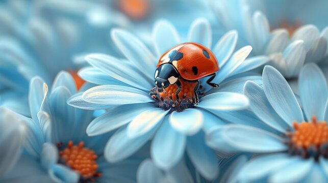 a close up of a ladybug on a bunch of blue flowers with white daisies in the background.