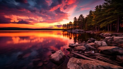 Dramatic lake landscape with vibrant sunset in scenic view