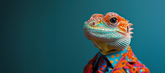 A lizard is wearing a suit and tie. Lizard in a colorful suit and tie. Vibrant colors. Dressed and standing like a businessman - obrazy, fototapety, plakaty