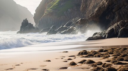 Rugged cliffs and crashing waves at a secluded beach scene