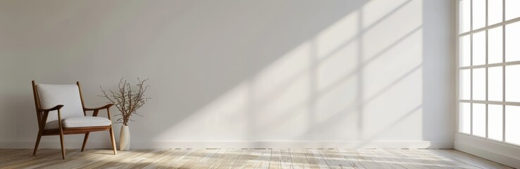 Minimalist room with a white wall and wooden floor, featuring an armchair on the left side. Web banner with empty space in the upper right corner - obrazy, fototapety, plakaty