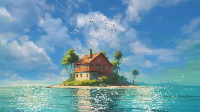 a house on the beach in the middle of the sea with beautiful clouds. digital painting illustration with cartoon or anime style. seamless looping 4K video animation background.