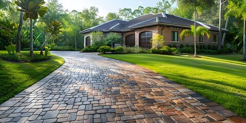 Enhancing Durability and Appearance with Protective Sealant on a Brick Driveway of a New Home. Concept Sealant Application, Brick Driveway, New Home, Durability, Appearance Enhancement - obrazy, fototapety, plakaty