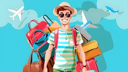 Illustration of a traveler. Cartoon style with cheerful color template.