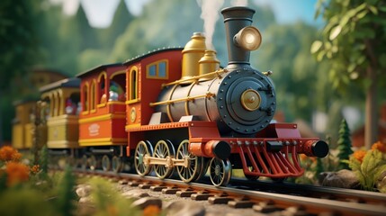 Immerse yourself in an intricate world of miniatures with a model railroad toy featuring a locomotive and cars rolling gracefully along detailed tracks. - obrazy, fototapety, plakaty