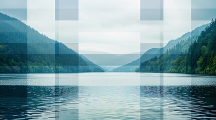 Tranquil lake reflects mountains and trees, offering a serene setting perfect for text placement - obrazy, fototapety, plakaty