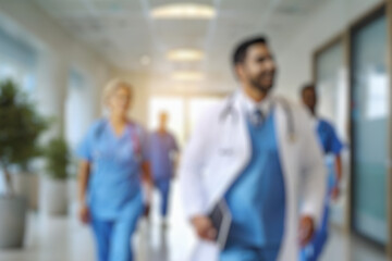 blurred for background. blurred figures of doctors and nurses in a hospital corridor. Doctors and...