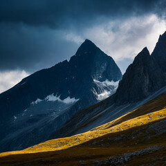 Rocky mountain range under a stormy sky. Generative AI