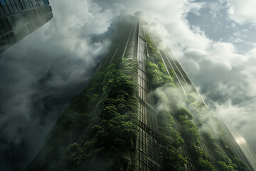 Skyscraper buildings with vegetation among the clouds viewed from the bottom up - obrazy, fototapety, plakaty