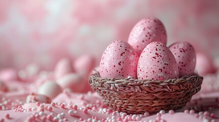 Obraz na płótnie Canvas a basket filled with pink speckled eggs on top of a bed of pink and white sprinkles.
