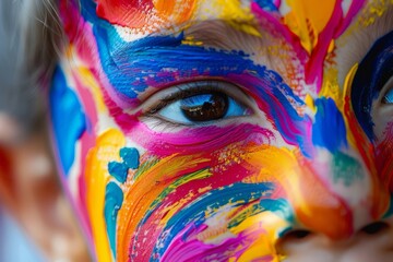 A child boy with a face painted in vibrant colours on Children's Day close up
