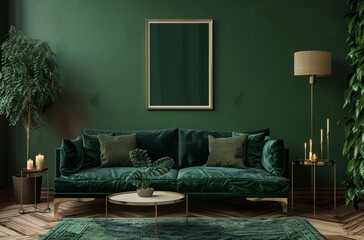 Sofa in dark green velvet with gold legs and coffee table near wall painted emerald color, poster frame on the wall