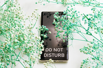 Modern smartphone - a mobile phone with the inscription do not disturb among many green dried...