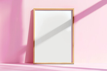 Blank wooden frame hung on pink walls and floor. Elegant and simple modern gallery. Mockups for portfolio, design and text. 3D render