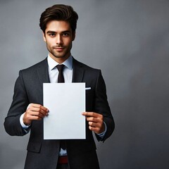 confident businessman holds a blank sheet of paper, ready to showcase your next big idea.