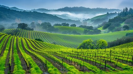 Fototapeta na wymiar Serene vineyard landscape with grapevines rows and mountainous background for text placement