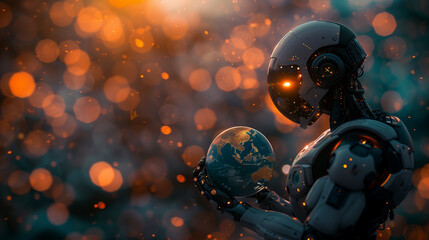 A futuristic AI robot holding a frosty Earth a modern digital era