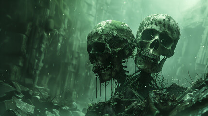 Describe a scene where life and death collide in unexpected ways with skull - obrazy, fototapety, plakaty