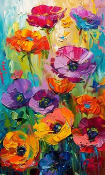 A vibrant painting depicting a variety of colorful flowers arranged in a decorative vase.