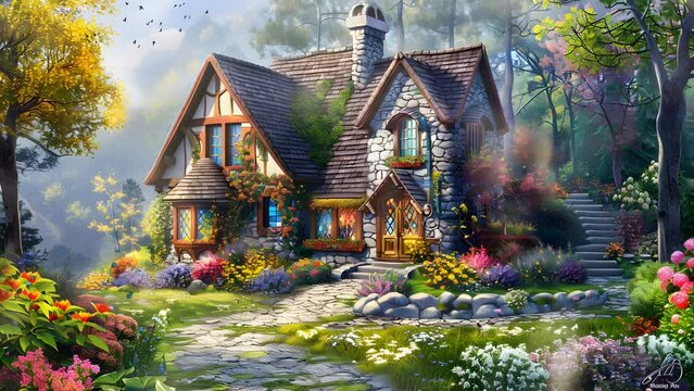 Idyllic forest retreat with a cozy cabin surrounded by blooming flowers, a picturesque sanctuary. Seamless Looping 4k Video Animation