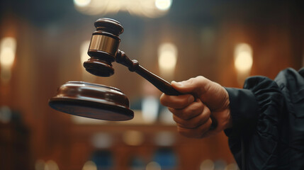 Judges hand holding a gavel above a sounding block ready to deliver a judgment 