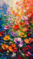 A painting showcasing vibrant flowers of various colors arranged in a vase.