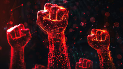Red digital fists raised high, symbolizing digital activism and empowerment sign