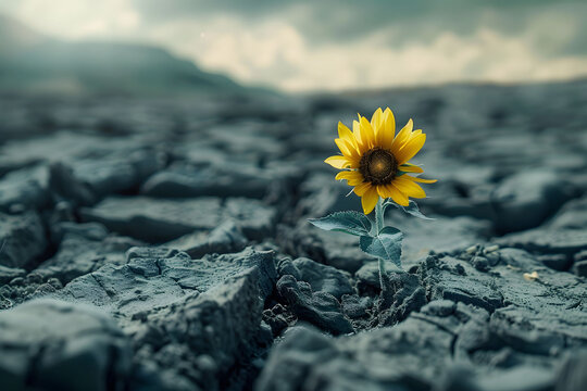 A sunflower growing in the middle of cracked earth, symbolizing hope and resilience amidst desolation